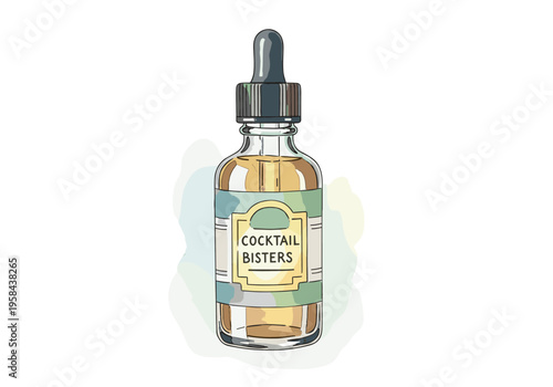 Hand drawn bottle of cocktail bitters with dropper top and label