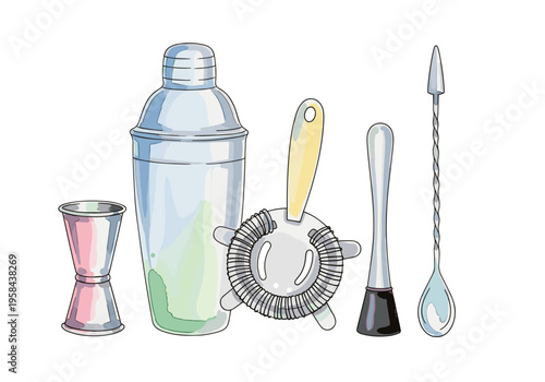 Collection of essential bar tools for making cocktails and drinks