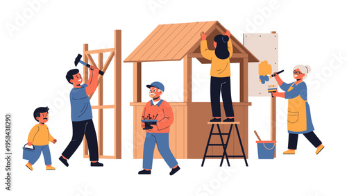 Community Project: Neighbors united in a heartwarming collaborative effort, building a wooden structure together. The scene embodies cooperation, shared goals, and the spirit of community.