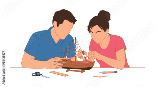 Crafting a Dream: A Couple's Shared Hobby: A couple working together on a wooden boat model, showing their focus on the creation process and their shared hobby.