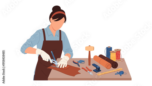 Leather Artisan at Work: An artisan meticulously cuts and shapes leather, surrounded by essential tools, showcasing craftsmanship and dedication to their trade. 