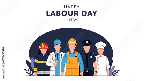 Labor Day Celebration: A diverse group of essential workers are celebrated, showcasing the dedication of firefighters, doctors, construction workers, police officers, and chefs.