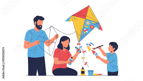 Family Kite-Making: A family collaborates in the joyful crafting of a colorful kite, showcasing togetherness and creativity in a vibrant scene.
