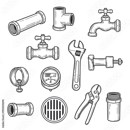 Plumbing Maintenance and Water Pipe Fitting Vector Set