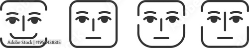 Black and white vector illustration showing four stylized human faces with smiling and neutral expressions in square frames for design icons
