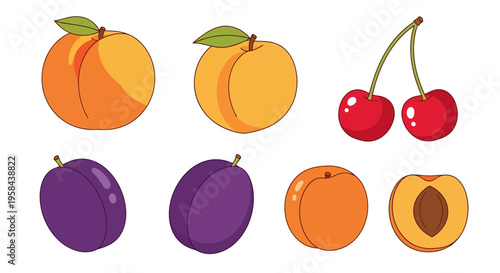 Colorful illustrations of various fruits on a white background including peaches and plums.