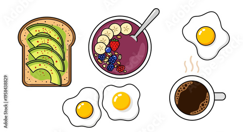A vibrant illustration of a healthy breakfast spread on a white background featuring avocado toast.
