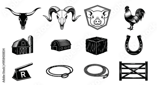 Farm and ranch equipment vintage icons