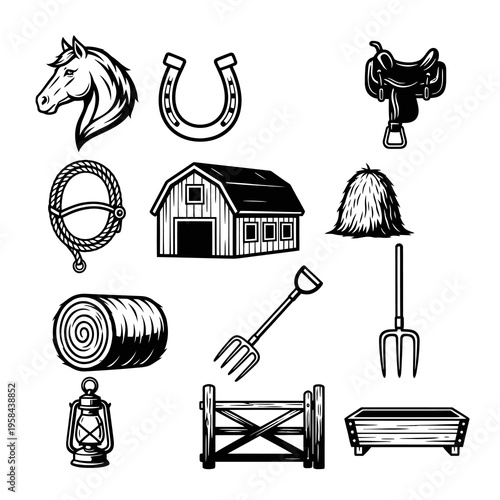 Traditional Horse Ranch and Farming Equipment Vector