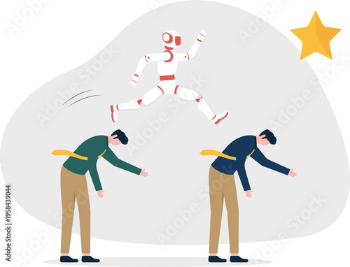 AI robot jumping over bowing businessmen representing tech dominance