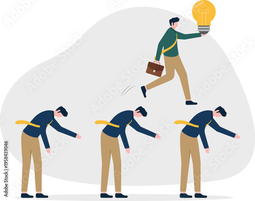 Professional man jumping over bowing businessmen holding a lightbulb