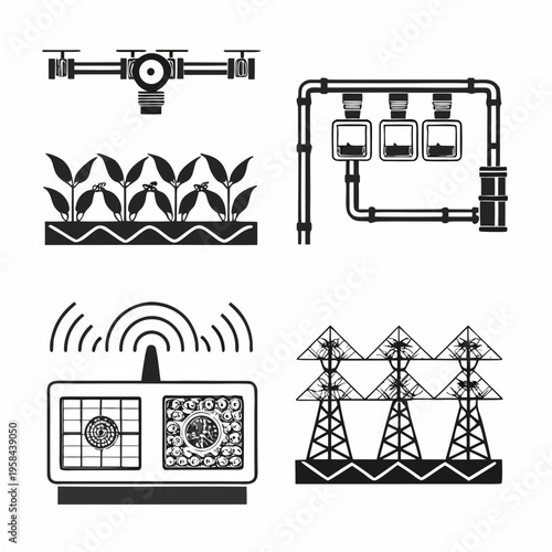 Industrial infrastructure icons drones power lines and monitoring systems