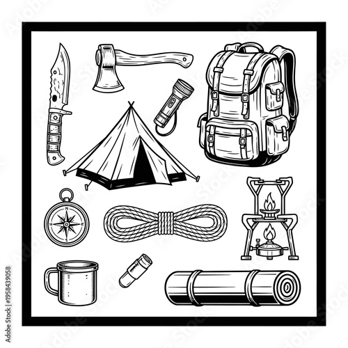 Vintage camping gear illustrations set