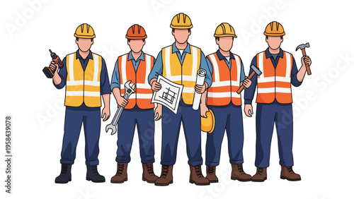 Team of Builders: A team of construction workers stand confidently, each holding a different tool, ready to collaborate and bring their expertise to the task at hand.