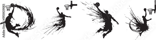 Basketball Player Slam Dunk Silhouette with Energetic Splatter and Motion Lines