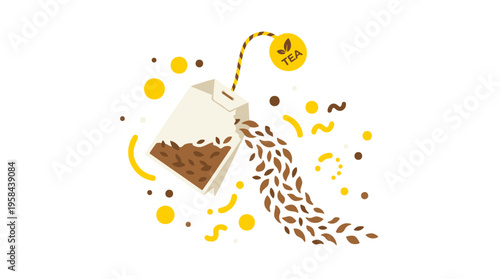 Tea Bag Spilling Loose Leaves with Label Tag, Beverage Packaging & Herbal Drink Concept, Flat Graphic Design in Warm Brown and Yellow Tones, Isolated Vector Illustration