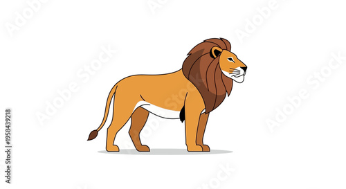 An illustration of a lion standing alone in a savannah environment from a side viewpoint.