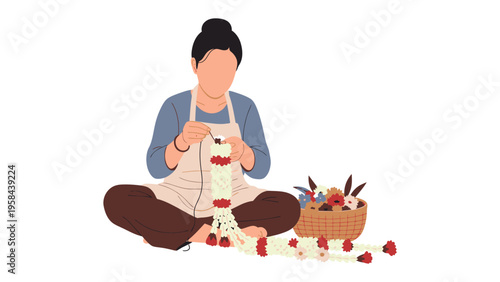 Crafting with Flowers: A skilled artisan, engrossed in the delicate process of crafting a garland from vibrant blooms, embodying tradition and artistry. 