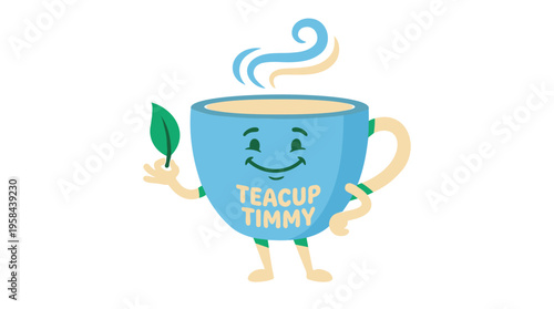 Teacup Timmy mascot character holding tea leaf and smiling with steam | Beverage healthy brand logo | Cheerful flat design pastel blue | Isolated vector illustration on white.
