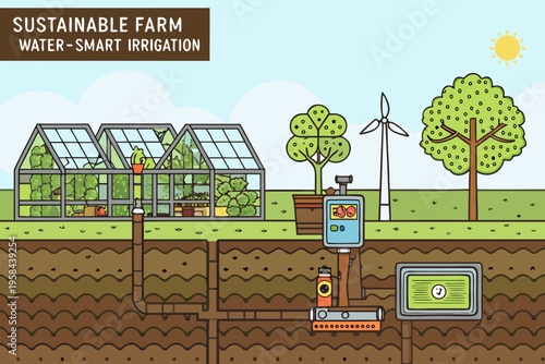 Sustainable farm illustration showcasing water smart irrigation and renewable energy