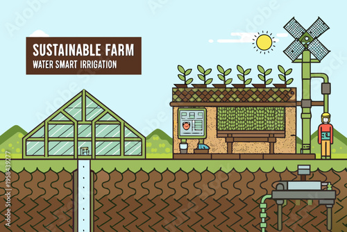 Illustration of a sustainable farm with smart irrigation and greenhouse structures