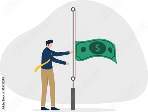 Businessman raising a flagpole with a dollar bill flag
