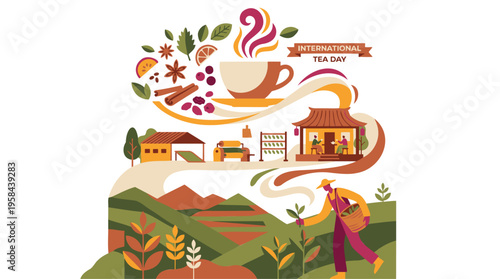 International Tea Day Cycle: Farmer harvest, factory, ceremony, spices, steam. Global culture, sustainable agriculture. Modern flat vector, earthy colors, clean graphic on white background.