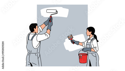 Painting Partnership: A dynamic duo collaborates to transform a wall, utilizing a roller and brush to apply fresh paint. A harmonious blend of color and teamwork.