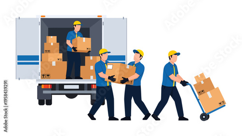 Moving Crew: Movers are working diligently, loading cardboard boxes into the truck, a clear demonstration of teamwork and efficiency.