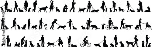 Black silhouette vector icons showing people walking, playing, training, cycling, and interacting with dogs representing companionship, activity, and pet care