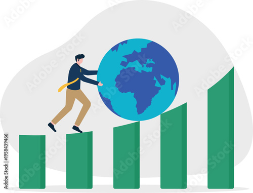 Professional man pushing a giant earth globe up a growth graph