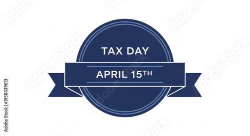 A blue circular icon with a ribbon banner indicating Tax Day on April 15th