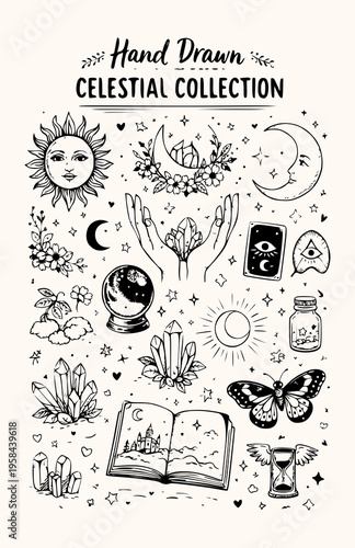 black hand-drawn vector illustration, a celestial-themed doodle collection. Hand drawn mystical elements. Set of and moon faces, stars, crystals, tarot cards, hands, butterflies, magical symbols. 