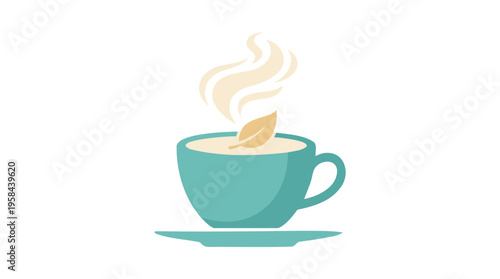 Single Steaming Tea Cup with Leaf Detail on Saucer, Relaxing Hot Beverage Concept, Minimalist Flat Design in Teal Beige, Isolated Vector Illustration