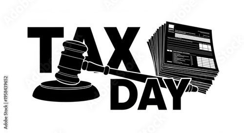 A black and white vector graphic illustration of a gavel and papers with the words TAX DAY