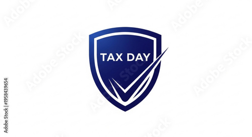 A blue shield icon with a white checkmark and the words 'TAX DAY' in a modern, flat design style.