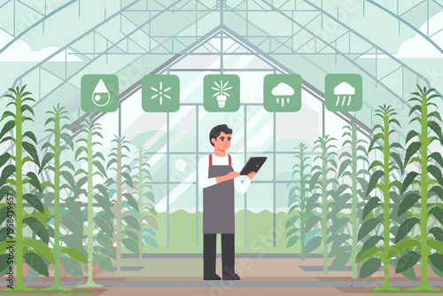 A farmer utilizes technology within a modern greenhouse for plant monitoring