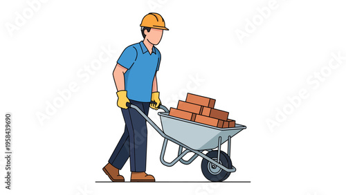 Building a Foundation: A construction worker steadily pushes a loaded wheelbarrow brimming with bricks, embodying the dedication and hard work required for progress.