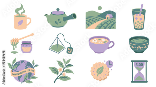 Tea Icons Set | Hot, cold, herbal, bubble tea, teapots, cups, field, leaves | International Tea Day, Culture, Health | Flat Pastel Illustration with Muted Palette | Vector Graphic Elements Isolated