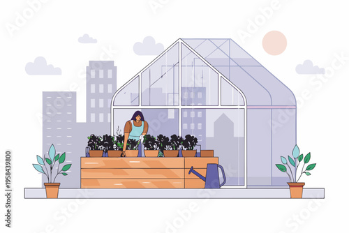Woman tending to plants inside a modern glass greenhouse with sunlight