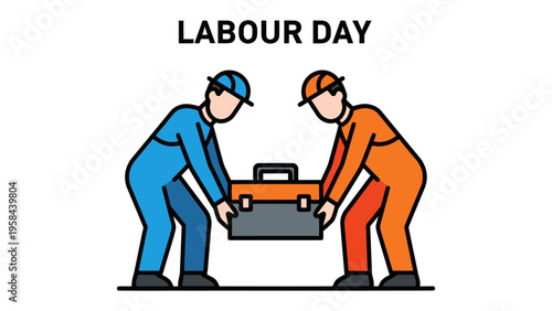 Labour Day Appreciation: A vibrant illustration depicts two hardworking laborers, united in their efforts as they carry a tool case, symbolizing the spirit of labor day.