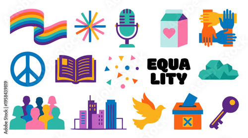 Harvey Milk Legacy & Community: Rainbow Flag, Diverse Icons, Equality Symbols for LGBTQ+ Civil Rights Activism & Politics, Vibrant Flat Vector Illustration, Isolated Graphic Design