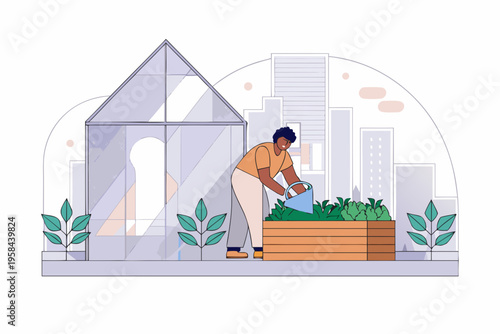Woman watering plants inside a greenhouse with a city skyline backdrop