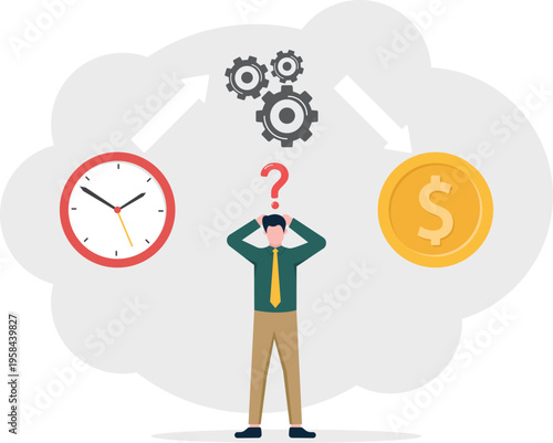 Stressed businessman trying to connect time and money with gears representing time is money