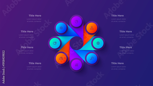 8 step radial process infographic diagram with eight connected rounded segments around central circle