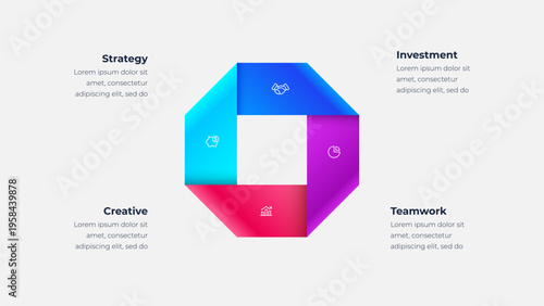 4 step geometric process infographic diagram with four connected polygon segments forming closed loop layout