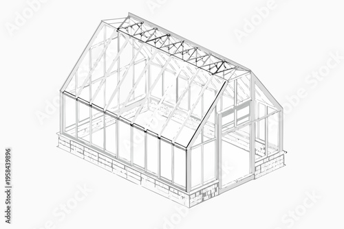 Isometric illustration of a transparent greenhouse structure with a gable roof