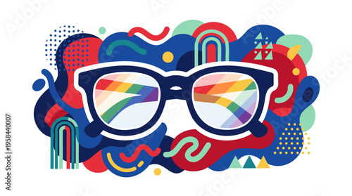 Harvey Milk tribute eyeglasses reflecting LGBTQ+ pride and equality, set against a vibrant abstract geometric pattern, rendered as a modern flat vector illustration.