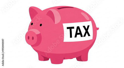 A pink piggy bank with a tax label on it, symbolizing saving for taxes.