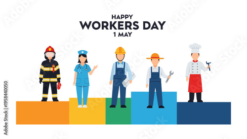 Workers Day Celebration: A vibrant and diverse illustration, celebrating International Workers' Day with representations of various professions.